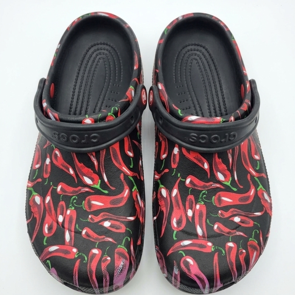 Crocs Mens Size 10 Women's Size 12 Clog Black with Red Chili Pepper Print